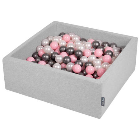 KiddyMoon Suchy basen kwadratowy z piłeczkami 7cm Zabawka basen piankowy, jasnoszary: perła-pudrowy róż-srebrny