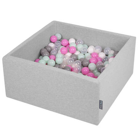 KiddyMoon Suchy basen kwadratowy z piłeczkami 7cm Zabawka basen piankowy, jasnoszary: transparent-szary-biały-róż-mięta
