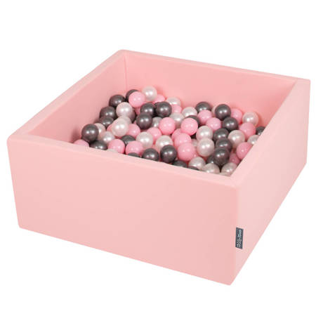 KiddyMoon Suchy basen kwadratowy z piłeczkami 7cm Zabawka basen piankowy, różowy: perła-pudrowy róż-srebrny