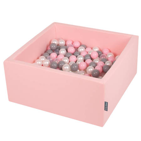 KiddyMoon Suchy basen kwadratowy z piłeczkami 7cm Zabawka basen piankowy, różowy: perła-szary-transparent-pudrowy róż