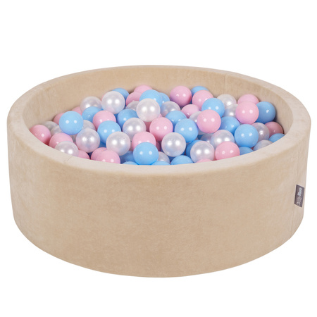 KiddyMoon Suchy basen okrągły VELVET z piłeczkami 7cm Zabawka basen piankowy, beż piasku: babyblue-pudrowy róż-perła