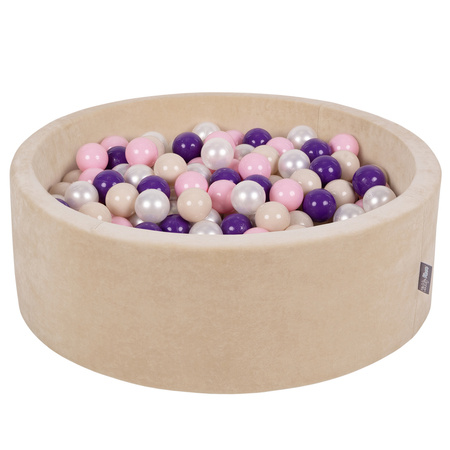 KiddyMoon Suchy basen okrągły VELVET z piłeczkami 7cm Zabawka basen piankowy, beż piasku: pastelowy beż-pudrowy róż-perła-fiolet