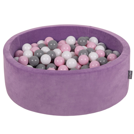 KiddyMoon Suchy basen okrągły VELVET z piłeczkami 7cm Zabawka basen piankowy, fiolet lawendy: biały-szary-pudrowy róż