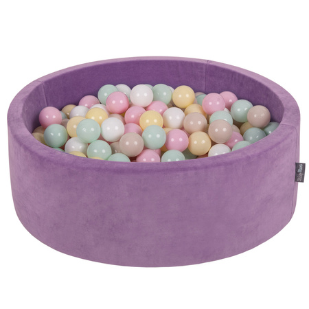 KiddyMoon Suchy basen okrągły VELVET z piłeczkami 7cm Zabawka basen piankowy, fiolet lawendy: pastelowy beż-pastelowy żółty-biały-mięta-pudrowy róż