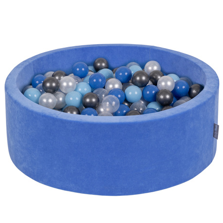 KiddyMoon Suchy basen okrągły VELVET z piłeczkami 7cm Zabawka basen piankowy, granat borówki: perła-niebieski-babyblue-transparent-srebrny