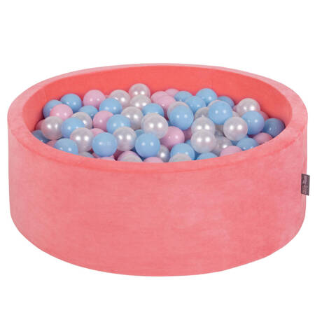KiddyMoon Suchy basen okrągły VELVET z piłeczkami 7cm Zabawka basen piankowy, róż arbuza: babyblue-pudrowy róż-perła