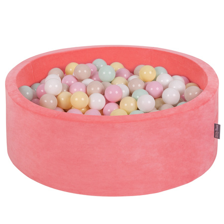 KiddyMoon Suchy basen okrągły VELVET z piłeczkami 7cm Zabawka basen piankowy, róż arbuza: pastelowy beż-pastelowy żółty-biały-mięta-pudrowy róż