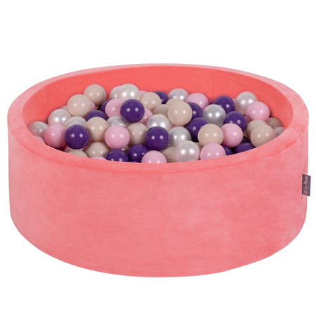 KiddyMoon Suchy basen okrągły VELVET z piłeczkami 7cm Zabawka basen piankowy, róż arbuza: pastelowy beż-pudrowy róż-perła-fiolet