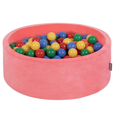 KiddyMoon Suchy basen okrągły VELVET z piłeczkami 7cm Zabawka basen piankowy, róż arbuza: żółty-zielony-niebieski-czerwony-pomarańcz