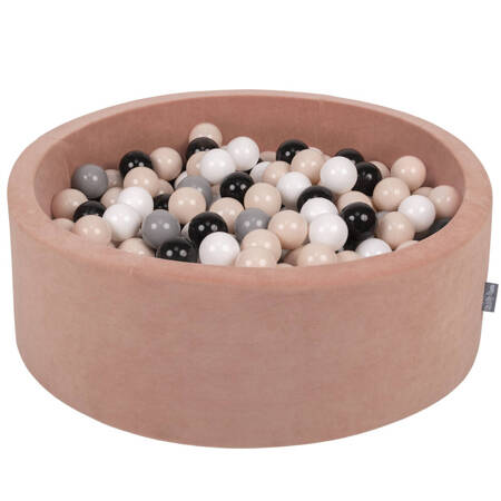 KiddyMoon Suchy basen okrągły VELVET z piłeczkami 7cm Zabawka basen piankowy, róż pustyni: pastelowy beż-szary-biały-czarny