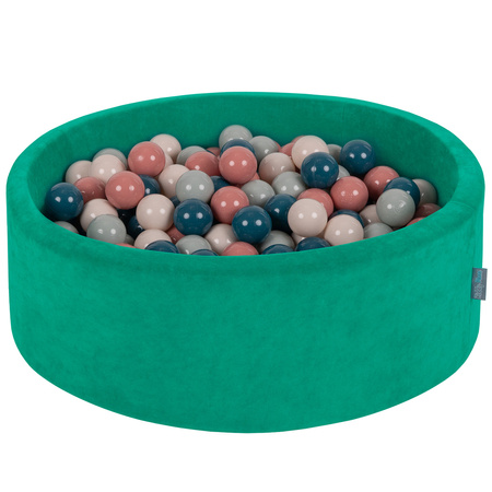 KiddyMoon Suchy basen okrągły VELVET z piłeczkami 7cm Zabawka basen piankowy, zieleń agawy: ciemny turkus-pastelowy beż-zielonoszary-łososiowy