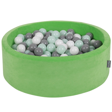 KiddyMoon Suchy basen okrągły VELVET z piłeczkami 7cm Zabawka basen piankowy, zieleń groszku: biały-szary-mięta