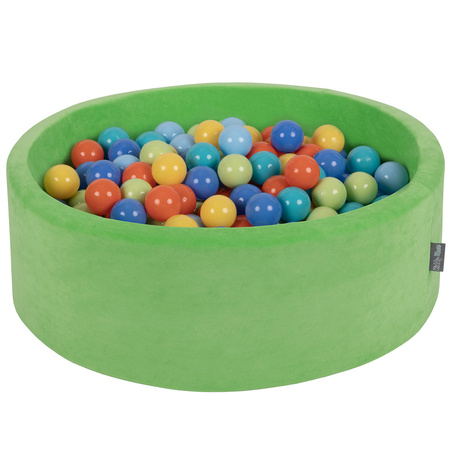 KiddyMoon Suchy basen okrągły VELVET z piłeczkami 7cm Zabawka basen piankowy, zieleń groszku: jasny zielony-pomarańcz-turkus-niebieski-babyblue-żółty