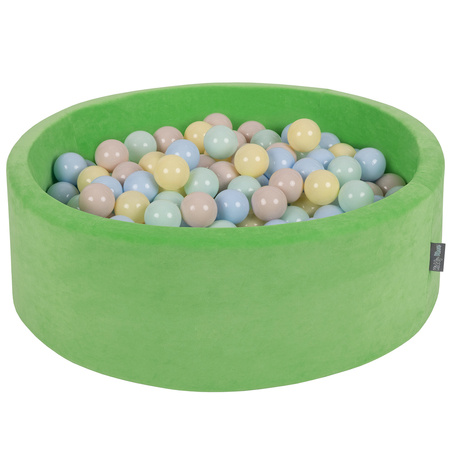 KiddyMoon Suchy basen okrągły VELVET z piłeczkami 7cm Zabawka basen piankowy, zieleń groszku: pastelowy beż-pastelowy niebieski-pastelowy żółty-mięta