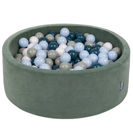 KiddyMoon Suchy basen okrągły VELVET z piłeczkami 7cm Zabawka basen piankowy, zieleń lasu: ciemny turkus-zielonoszary-pastelowy niebieski-biały