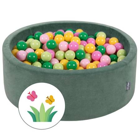 KiddyMoon Suchy basen okrągły VELVET z piłeczkami 7cm Zabawka basen piankowy, zieleń lasu: jasny zielony-zielony-żółty-pudrowy róż-róż
