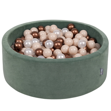 KiddyMoon Suchy basen okrągły VELVET z piłeczkami 7cm Zabawka basen piankowy, zieleń lasu: pastelowy beż-miedziany-perła