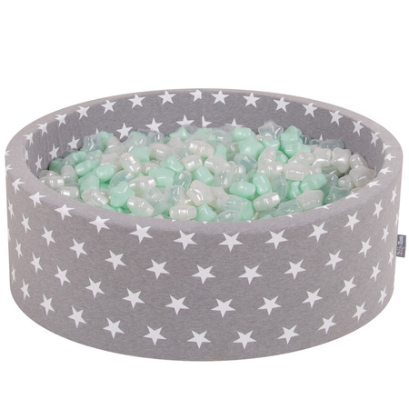 KiddyMoon Suchy basen okrągły z gwiazdkami 6cm Zabawka basen piankowy, gwiazdki białe-szary: perła-mięta-transparent