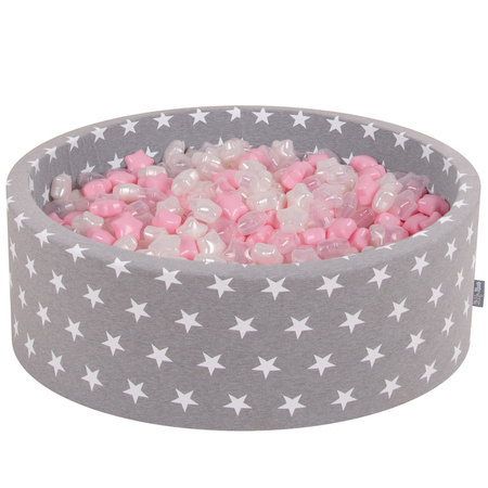 KiddyMoon Suchy basen okrągły z gwiazdkami 6cm Zabawka basen piankowy, gwiazdki białe-szary: pudrowy róż-perła-transparent