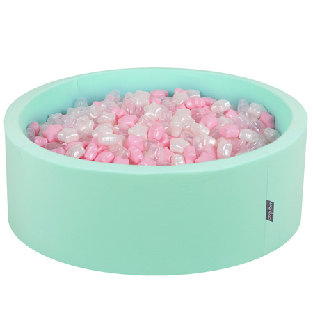 KiddyMoon Suchy basen okrągły z gwiazdkami 6cm Zabawka basen piankowy, miętowy: pudrowy róż-perła-transparent