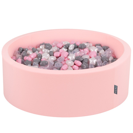 KiddyMoon Suchy basen okrągły z gwiazdkami 6cm Zabawka basen piankowy, różowy: perła-szary-transparent-pudrowy róż