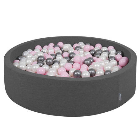 KiddyMoon Suchy basen okrągły z piłeczkami 7cm 120x30 Zabawka basen piankowy, ciemnoszary: perła-pudrowy róż-srebrny