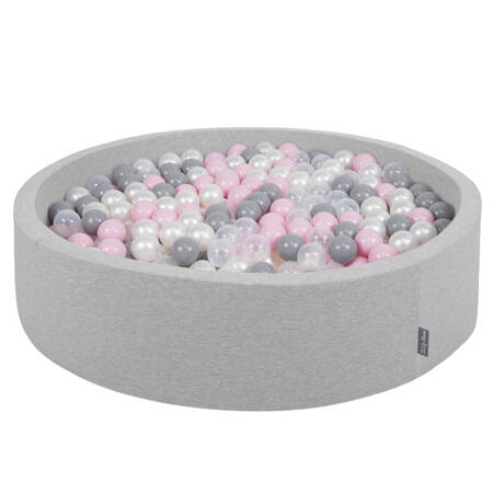 KiddyMoon Suchy basen okrągły z piłeczkami 7cm 120x30 Zabawka basen piankowy, jasnoszary: perła-szary-transparent-pudrowy róż