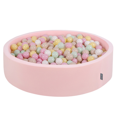 KiddyMoon Suchy basen okrągły z piłeczkami 7cm 120x30 Zabawka basen piankowy, różowy: pastelowy beż-pastelowy żółty-biały-mięta-pudrowy róż