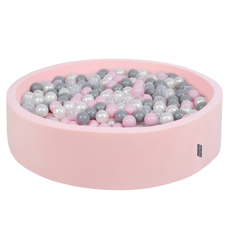 KiddyMoon Suchy basen okrągły z piłeczkami 7cm 120x30 Zabawka basen piankowy, różowy: perła-szary-transparent-pudrowy róż