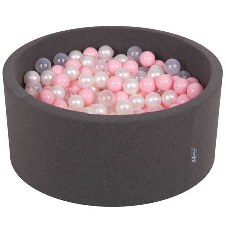 KiddyMoon Suchy basen okrągły z piłeczkami 7cm 90x40 Zabawka basen piankowy, ciemnoszary: pudrowy róż-perła-transparent