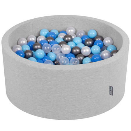 KiddyMoon Suchy basen okrągły z piłeczkami 7cm 90x40 Zabawka basen piankowy, jasnoszary: perła-niebieski-babyblue-transparent-srebrny
