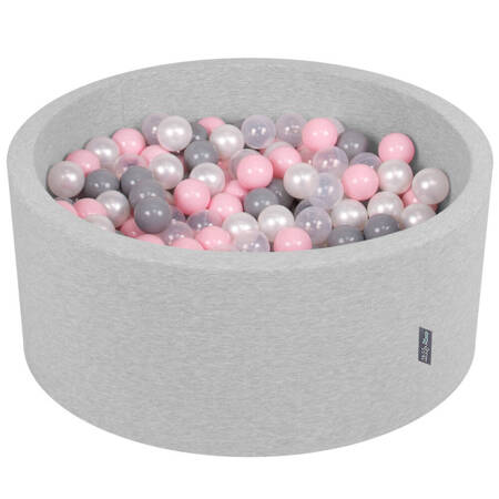 KiddyMoon Suchy basen okrągły z piłeczkami 7cm 90x40 Zabawka basen piankowy, jasnoszary: perła-szary-transparent-pudrowy róż