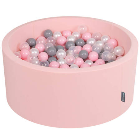 KiddyMoon Suchy basen okrągły z piłeczkami 7cm 90x40 Zabawka basen piankowy, różowy: perła-szary-transparent-pudrowy róż
