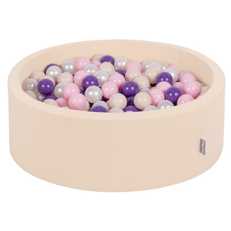 KiddyMoon Suchy basen okrągły z piłeczkami 7cm Zabawka basen piankowy, beżowy: pastelowy beż-pudrowy róż-perła-fiolet