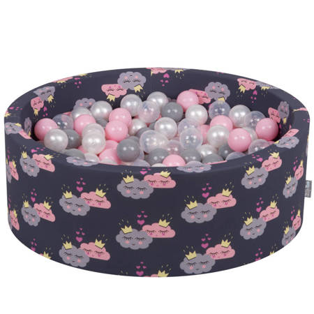 KiddyMoon Suchy basen okrągły z piłeczkami 7cm Zabawka basen piankowy, chmurki-granat: perła-szary-transparent-pudrowy róż