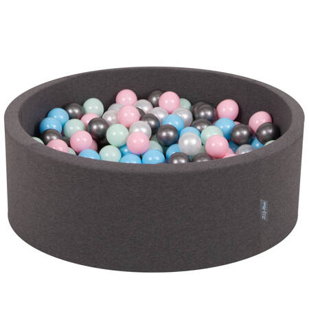 KiddyMoon Suchy basen okrągły z piłeczkami 7cm Zabawka basen piankowy, ciemnoszary: perła-pudrowy róż-babyblue-mięta-srebrny