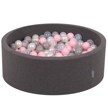 KiddyMoon Suchy basen okrągły z piłeczkami 7cm Zabawka basen piankowy, ciemnoszary: perła-szary-transparent-pudrowy róż