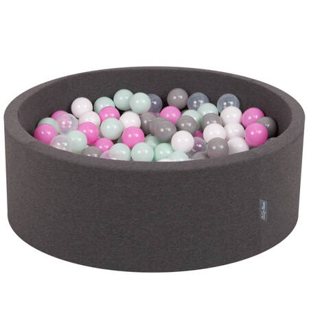KiddyMoon Suchy basen okrągły z piłeczkami 7cm Zabawka basen piankowy, ciemnoszary: transparent-szary-biały-róż-mięta