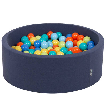 KiddyMoon Suchy basen okrągły z piłeczkami 7cm Zabawka basen piankowy, granatowy: jasny zielony-pomarańcz-turkus-niebieski-babyblue-żółty