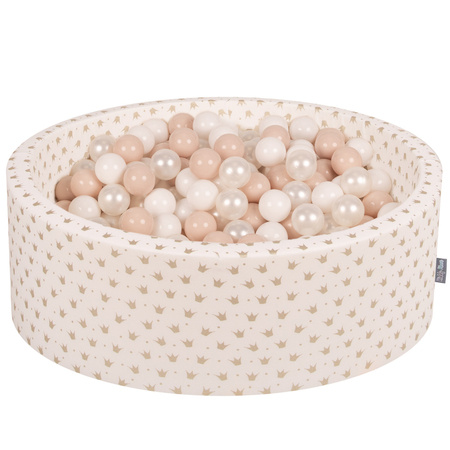 KiddyMoon Suchy basen okrągły z piłeczkami 7cm Zabawka basen piankowy, korony złote-ecru: pastelowy beż-biały-perła