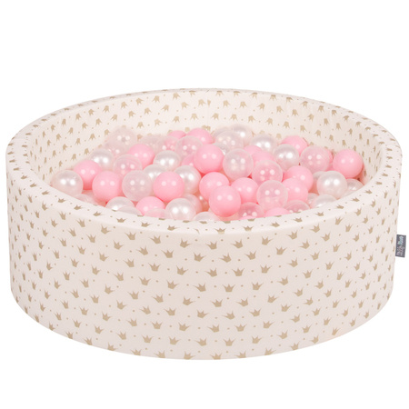 KiddyMoon Suchy basen okrągły z piłeczkami 7cm Zabawka basen piankowy, korony złote-ecru: pudrowy róż-perła-transparent