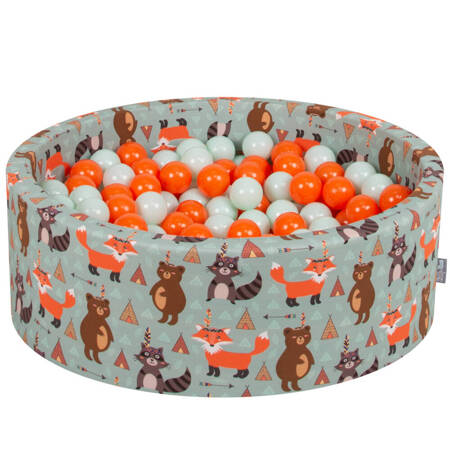 KiddyMoon Suchy basen okrągły z piłeczkami 7cm Zabawka basen piankowy, liski-zielony: pomarańcz-mięta