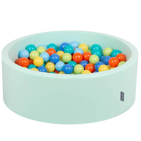 KiddyMoon Suchy basen okrągły z piłeczkami 7cm Zabawka basen piankowy, miętowy: jasny zielony-pomarańcz-turkus-niebieski-babyblue-żółty