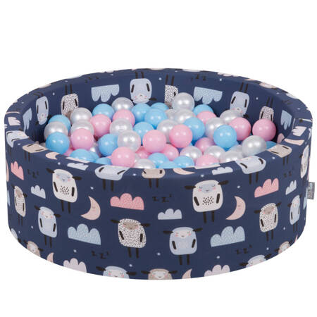 KiddyMoon Suchy basen okrągły z piłeczkami 7cm Zabawka basen piankowy, owieczki-granat: babyblue-pudrowy róż-perła