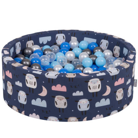 KiddyMoon Suchy basen okrągły z piłeczkami 7cm Zabawka basen piankowy, owieczki-granat: perła-niebieski-babyblue-transparent-srebrny