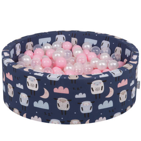 KiddyMoon Suchy basen okrągły z piłeczkami 7cm Zabawka basen piankowy, owieczki-granat: pudrowy róż-perła-transparent