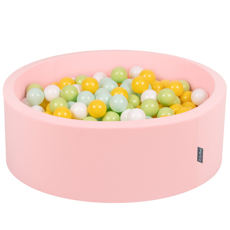 KiddyMoon Suchy basen okrągły z piłeczkami 7cm Zabawka basen piankowy, różowy: biały-mięta-jasny zielony-żółty