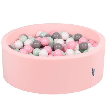 KiddyMoon Suchy basen okrągły z piłeczkami 7cm Zabawka basen piankowy, różowy: biały-szary-mięta-pudrowy róż