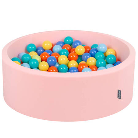 KiddyMoon Suchy basen okrągły z piłeczkami 7cm Zabawka basen piankowy, różowy: jasny zielony-pomarańcz-turkus-niebieski-babyblue-żółty