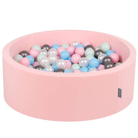KiddyMoon Suchy basen okrągły z piłeczkami 7cm Zabawka basen piankowy, różowy: perła-pudrowy róż-babyblue-mięta-srebrny